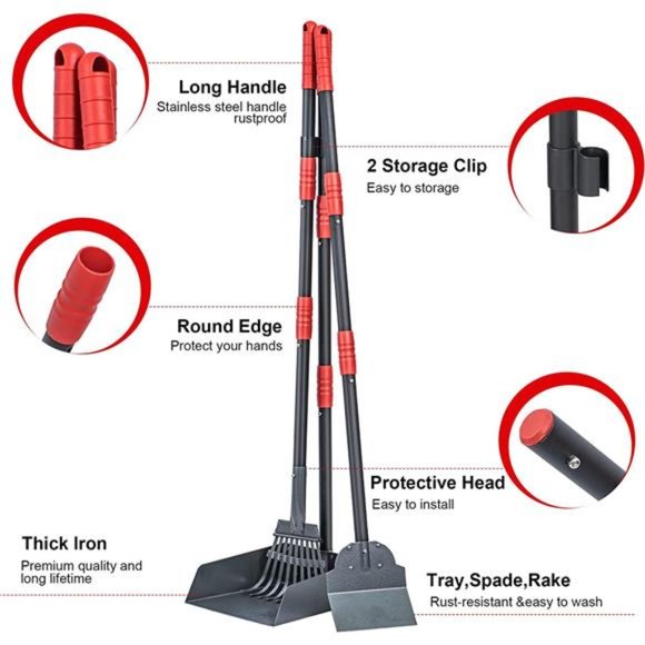 XL Poop Scooper for Large and Small Dogs with Long Handle, Metal Tray and Rake - Picture 3 of 7